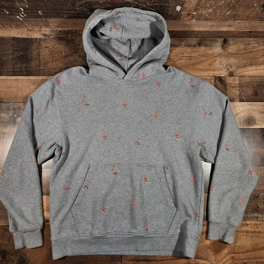 Jordan Hoodie Sweatshirt Men Medium Gray Essential Jumpman All Over Print Y2K